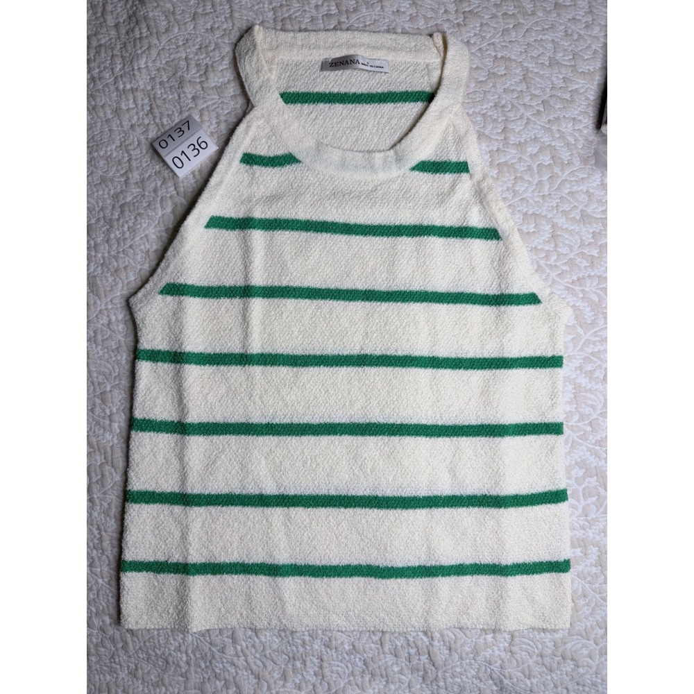 Zenana Womens Small Cream Green Striped Knit Halter Tank Top Bouclé Sleeveless